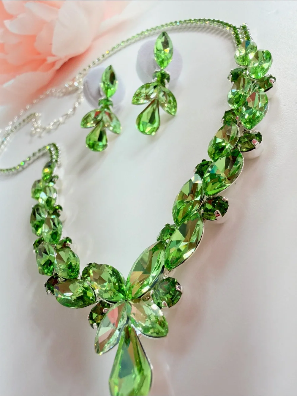 Green Crystal Teardrop Necklace and Earring Set